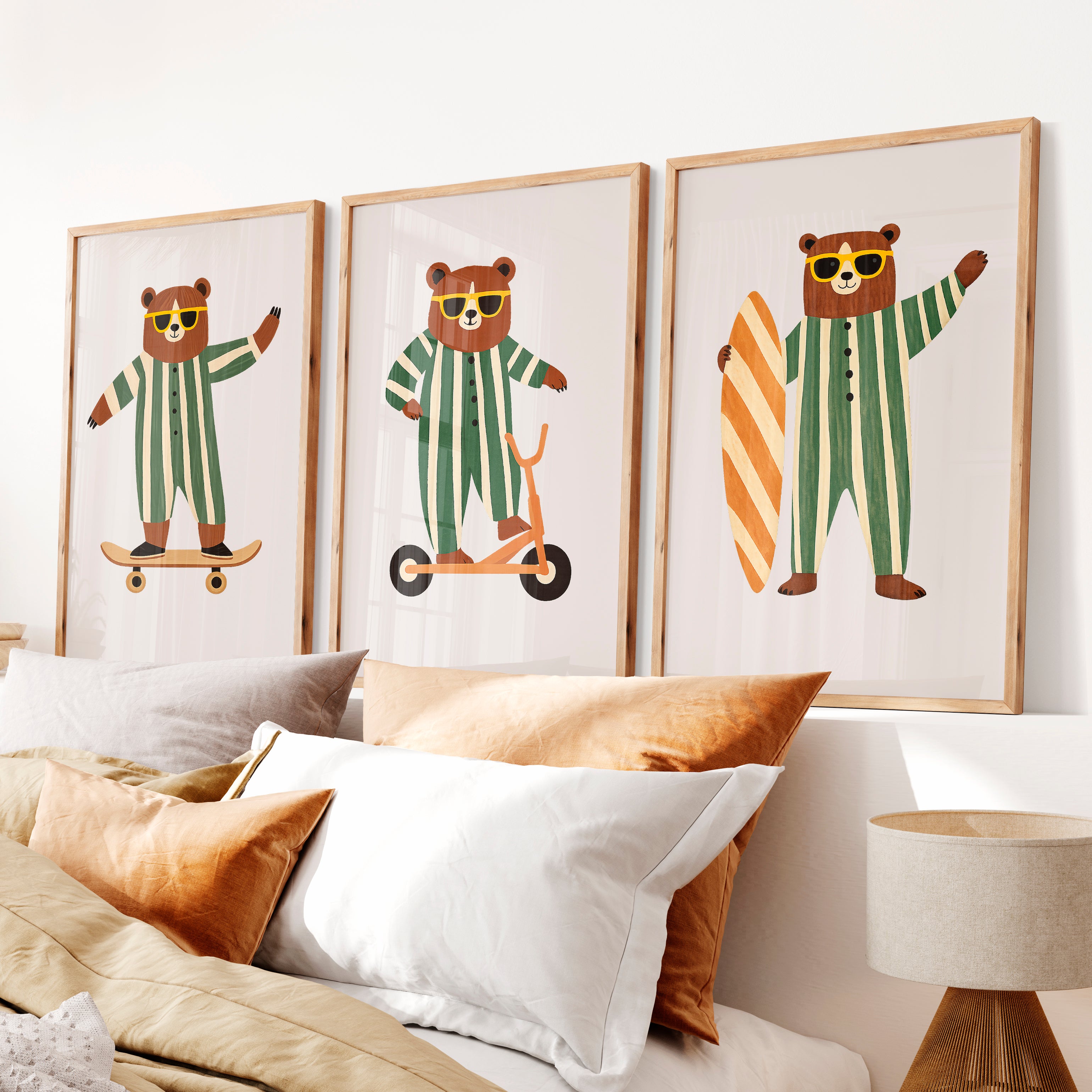 Retro Artwork Prints with Bears on Skateboard and Scooter - Natural Wood Framed Poster No Border - Artworksets