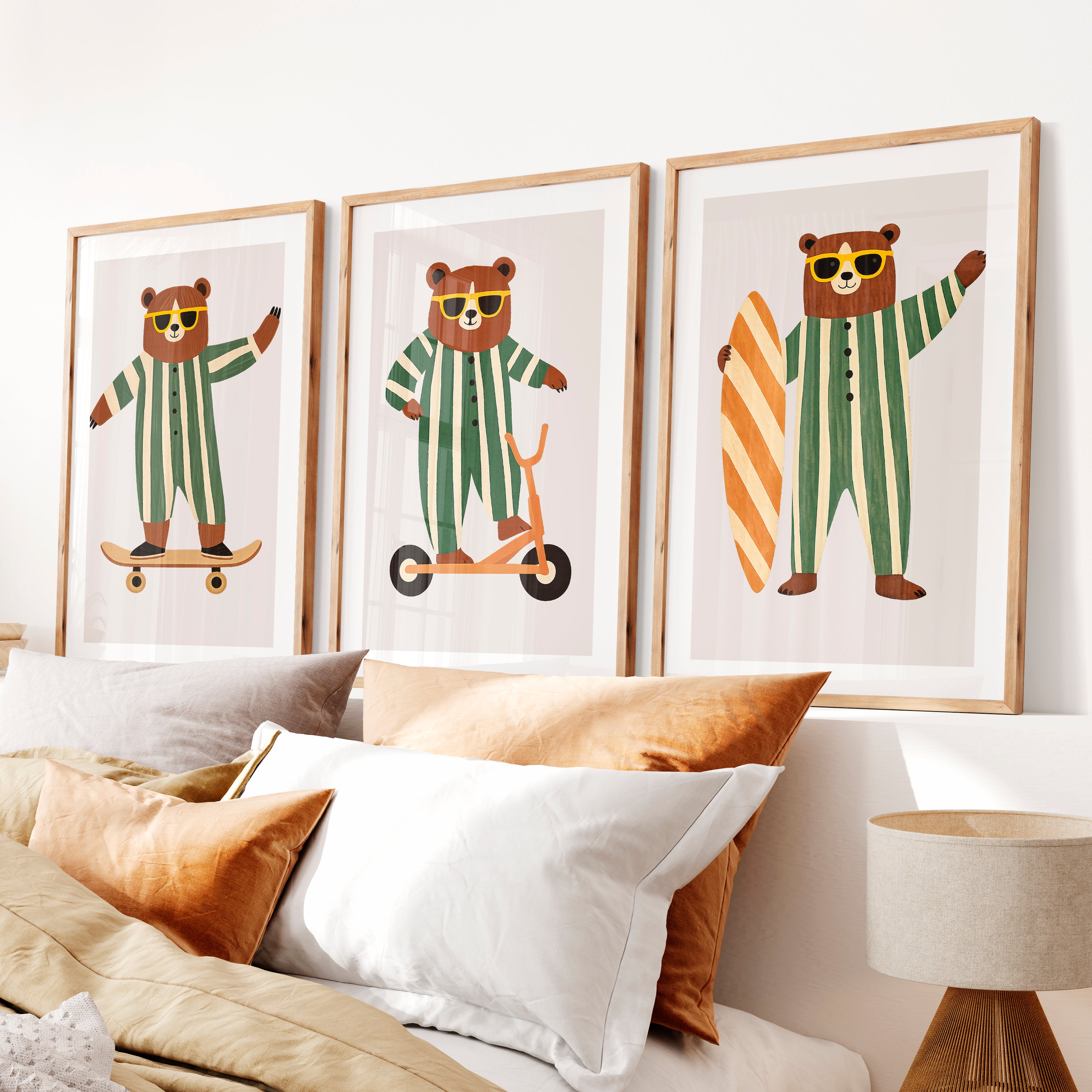 Retro Artwork Prints with Bears on Skateboard and Scooter- Natural Wood Framed Poster with White Border - Artworksets