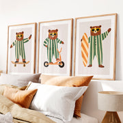 Retro Artwork Prints with Bears on Skateboard and Scooter- Natural Wood Framed Poster with White Border - Artworksets