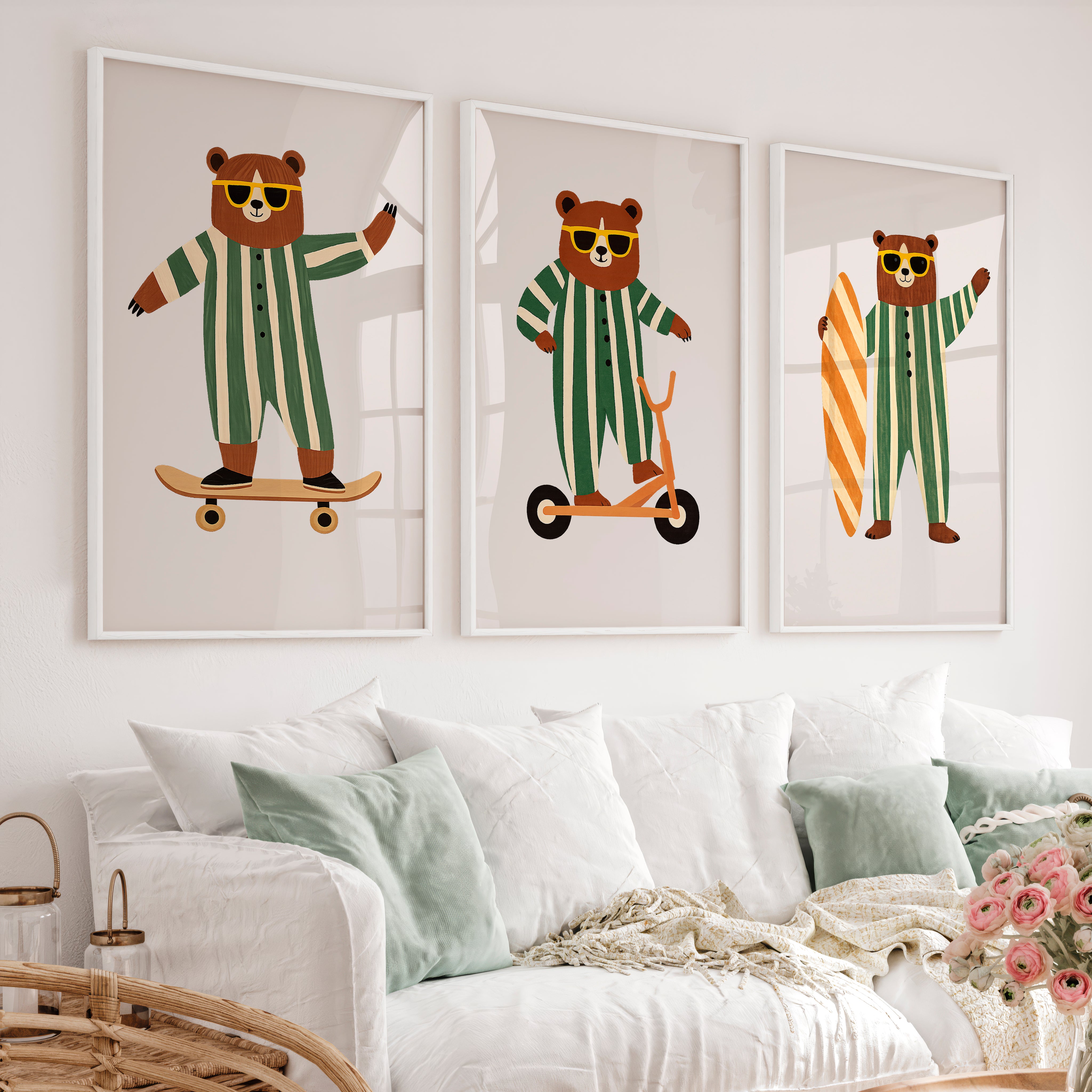 Retro Artwork Prints with Bears on Skateboard and Scooter - White Framed Poster No Border - Artworksets