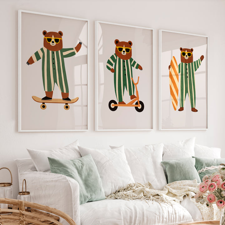Retro Artwork Prints with Bears on Skateboard and Scooter - White Framed Poster No Border - Artworksets