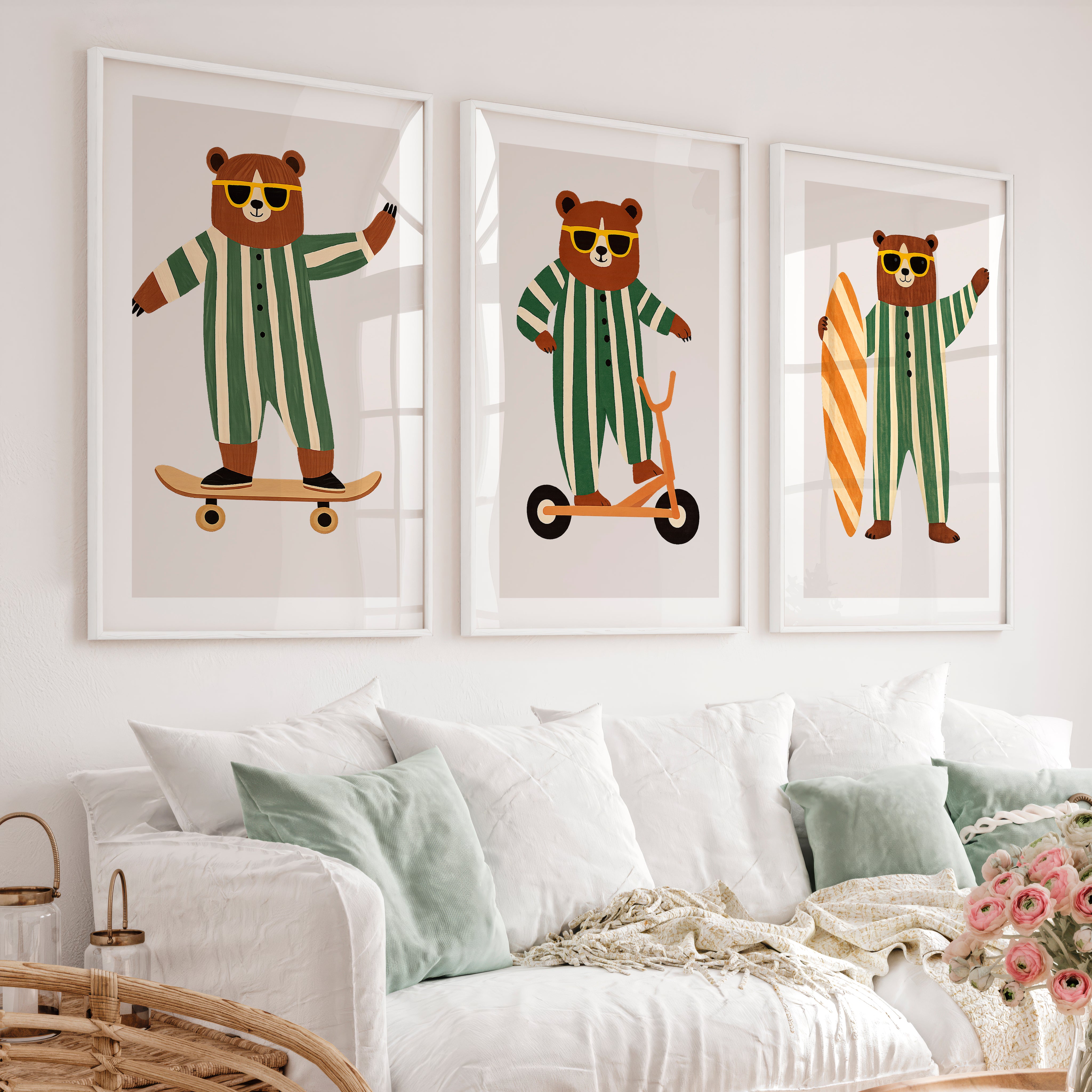 Retro Artwork Prints with Bears on Skateboard and Scooter - White Framed Poster with White Border - Artworksets