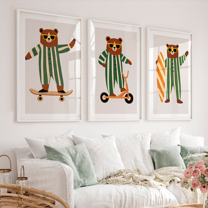 Retro Artwork Prints with Bears on Skateboard and Scooter - White Framed Poster with White Border - Artworksets
