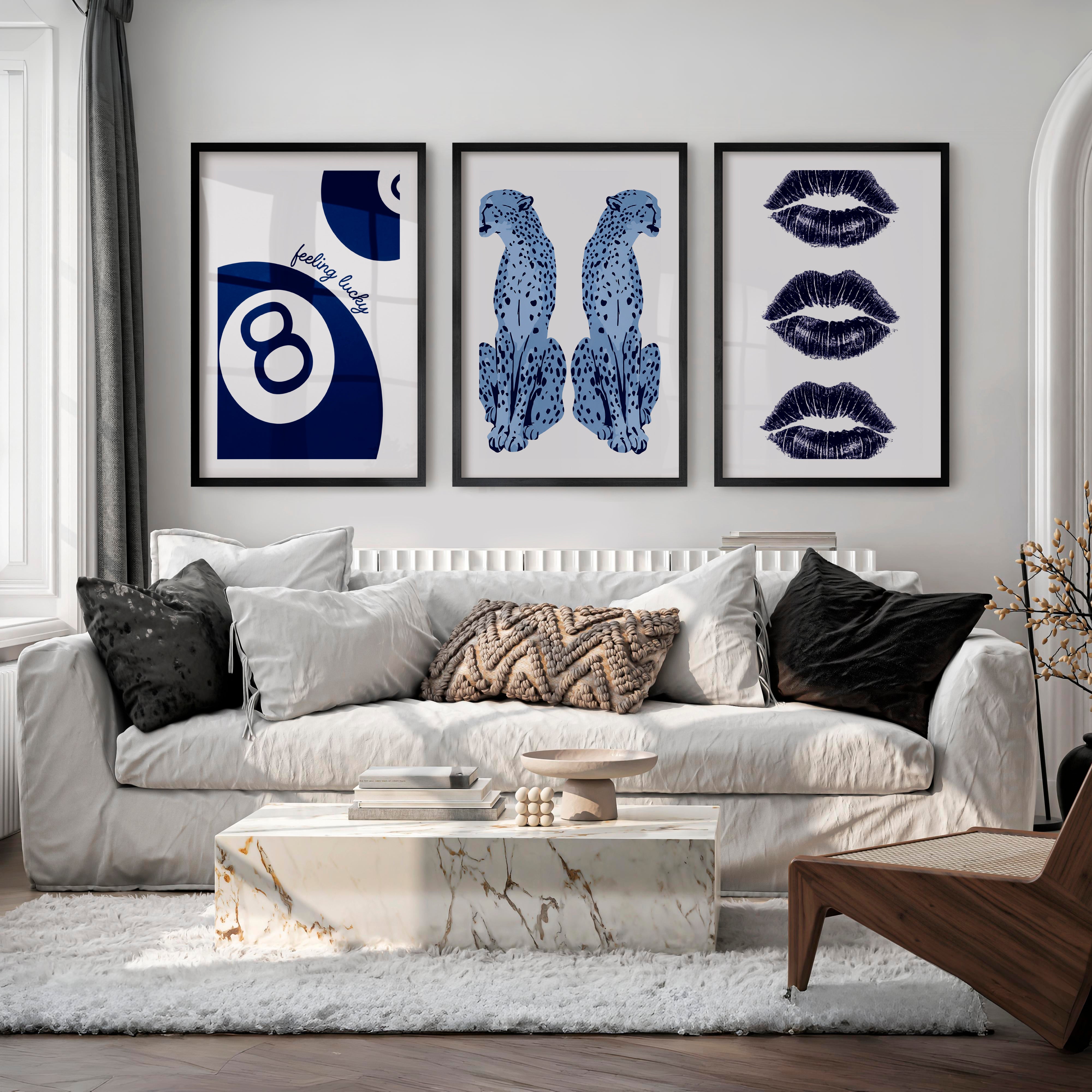Feeling Lucky Cheetahs retro artwork prints with 8 Ball Accent - Black Framed Poster with White Border - Artworksets