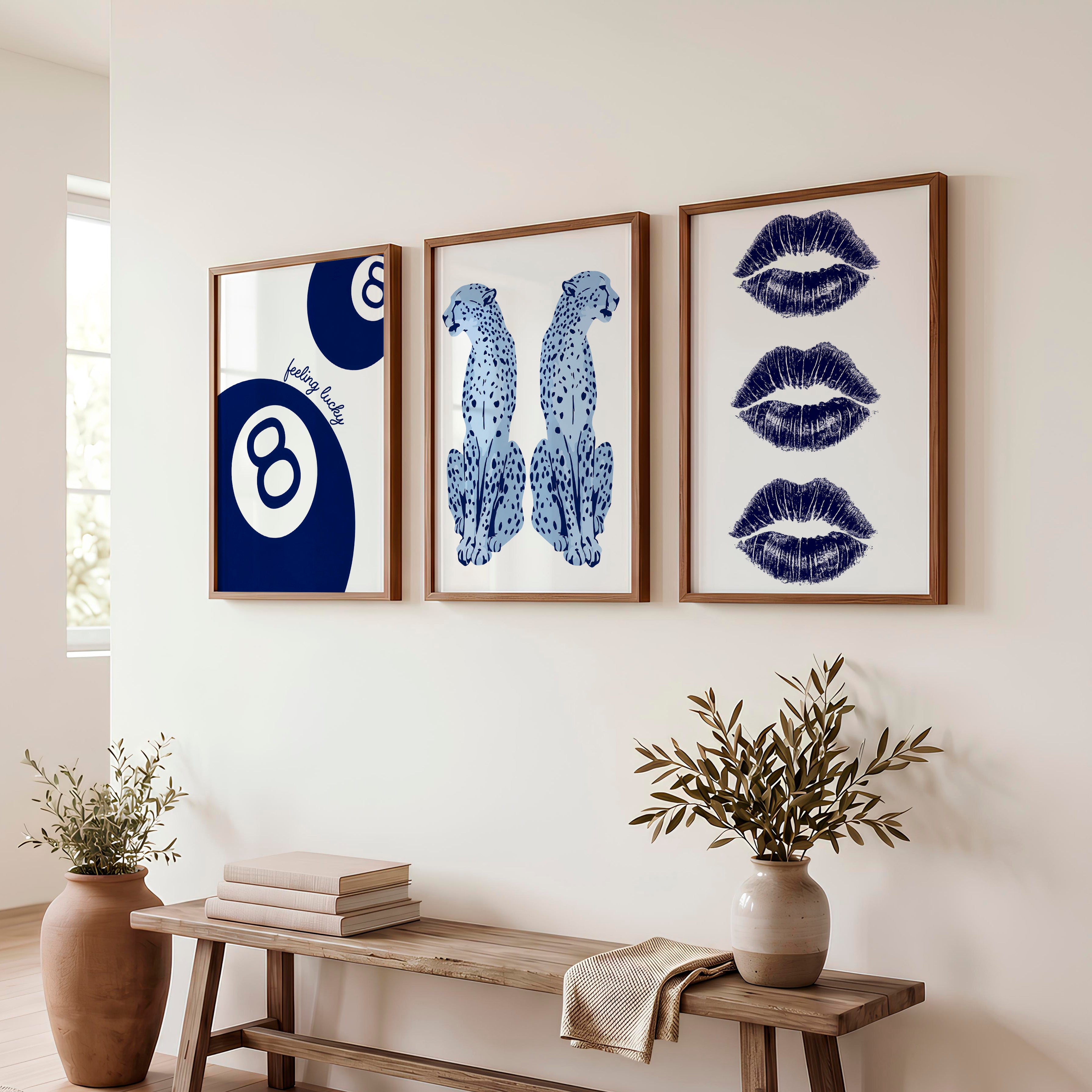 Feeling Lucky Cheetahs retro artwork prints with 8 Ball Accent - Dark Brown Framed Poster No Border - Artworksets