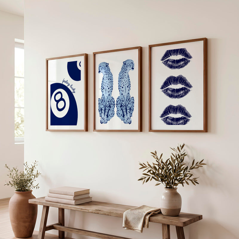 Feeling Lucky Cheetahs retro artwork prints with 8 Ball Accent - Dark Brown Framed Poster with White Border - Artworksets