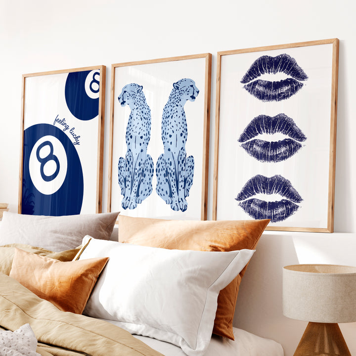 Feeling Lucky Cheetahs retro artwork prints with 8 Ball Accent - Natural Wood Framed Poster No Border - Artworksets