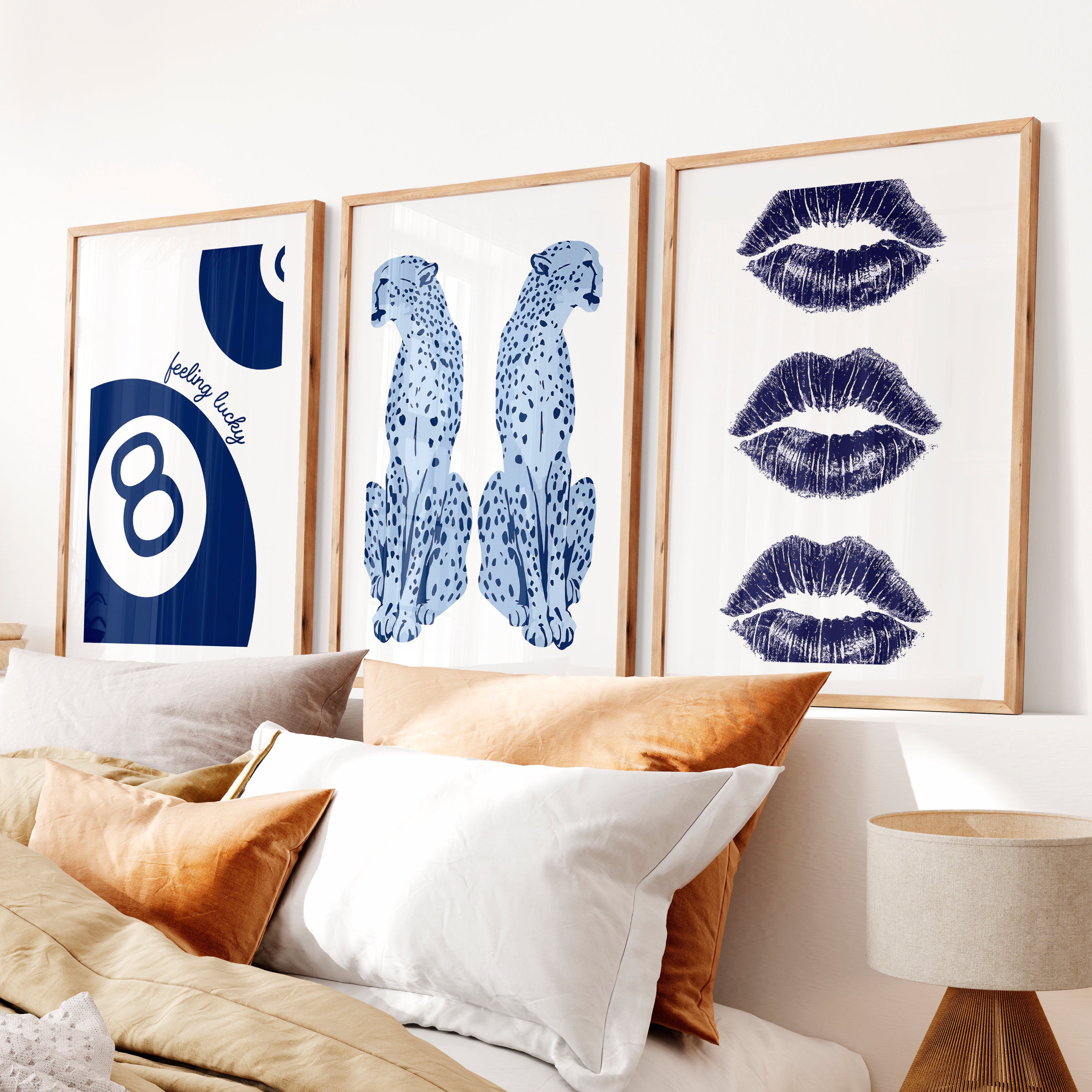 Feeling Lucky Cheetahs retro artwork prints with 8 Ball Accent- Natural Wood Framed Poster with White Border - Artworksets