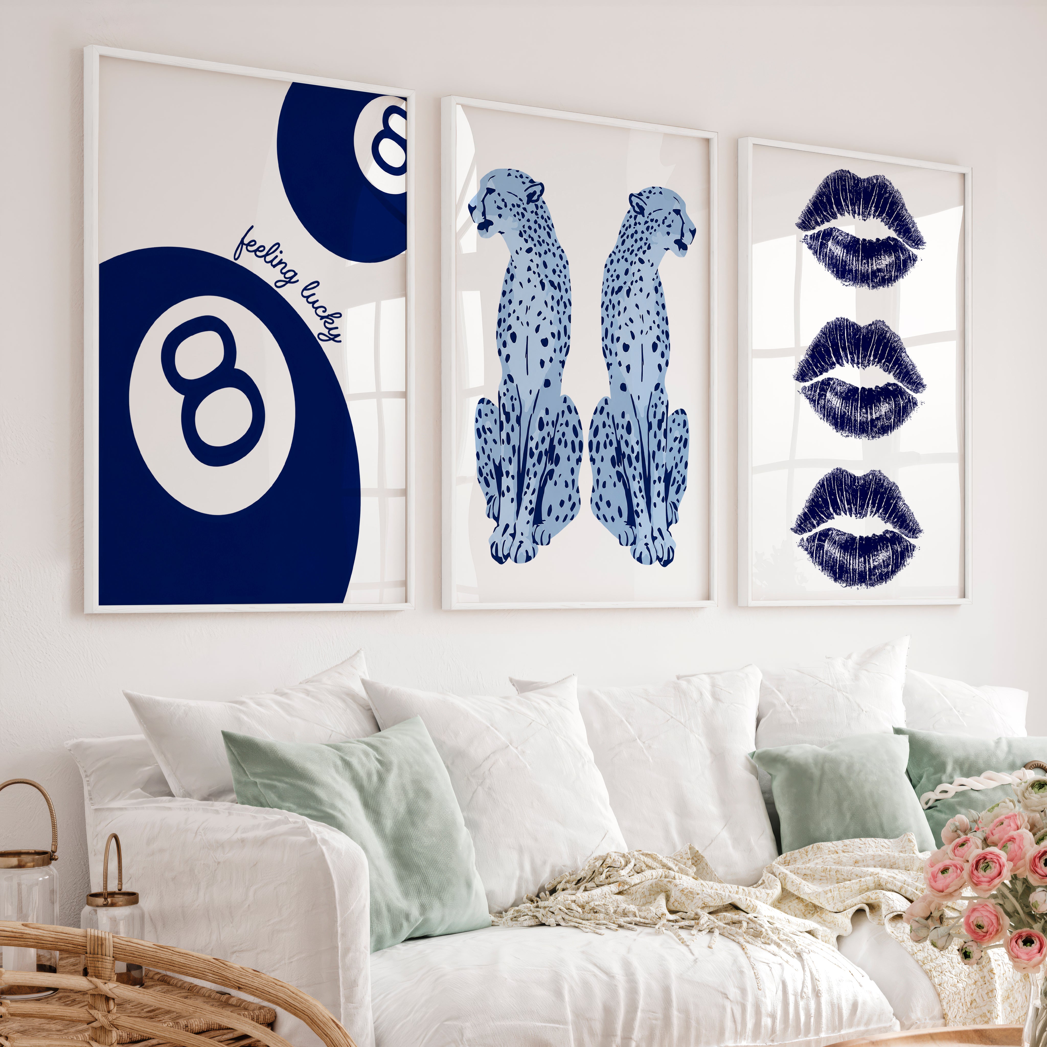 Feeling Lucky Cheetahs retro artwork prints with 8 Ball Accent - White Framed Poster No Border - Artworksets