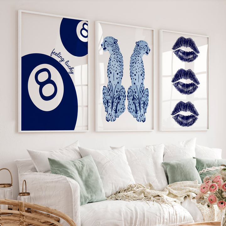 Feeling Lucky Cheetahs retro artwork prints with 8 Ball Accent - White Framed Poster No Border - Artworksets