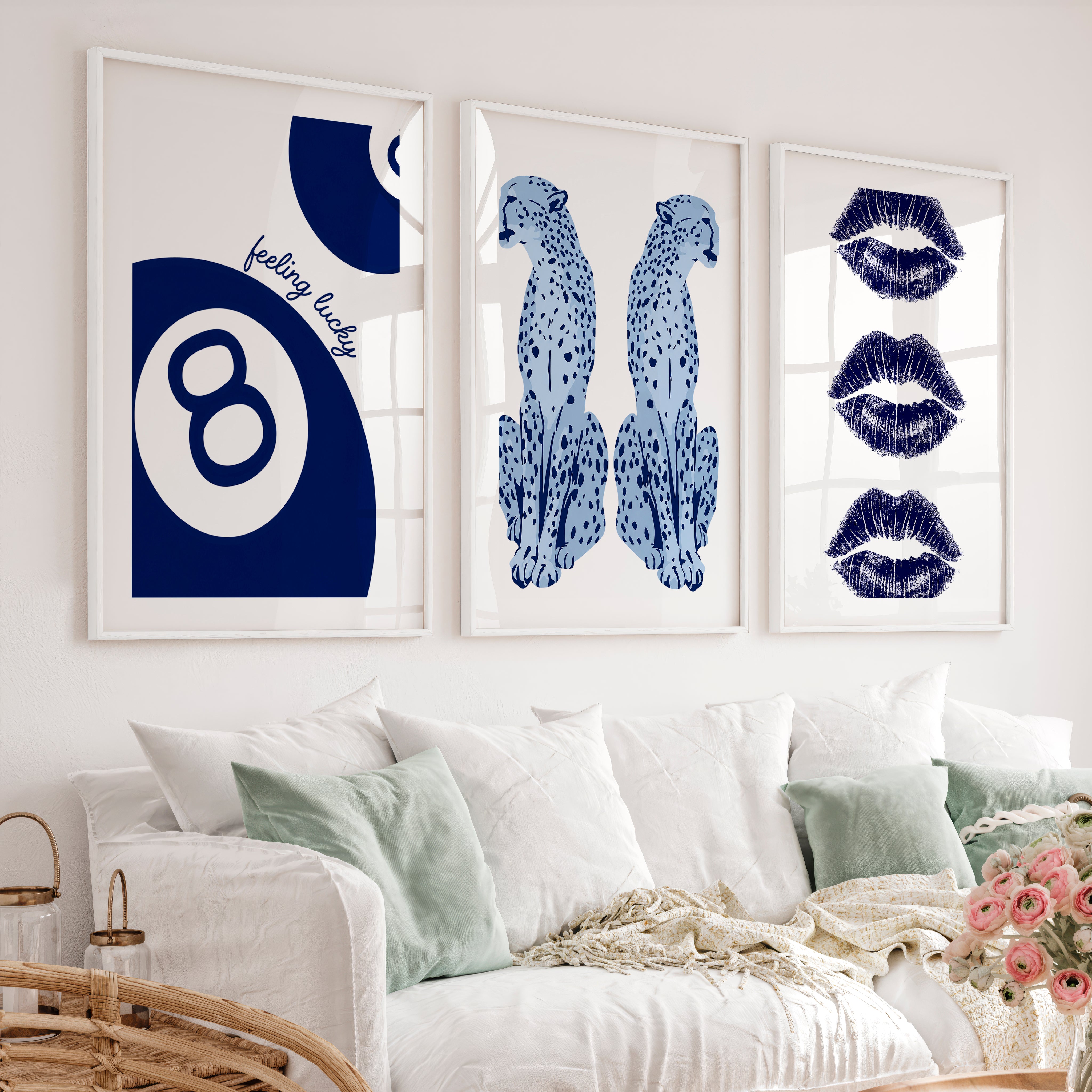 Feeling Lucky Cheetahs retro artwork prints with 8 Ball Accent - White Framed Poster with White Border - Artworksets
