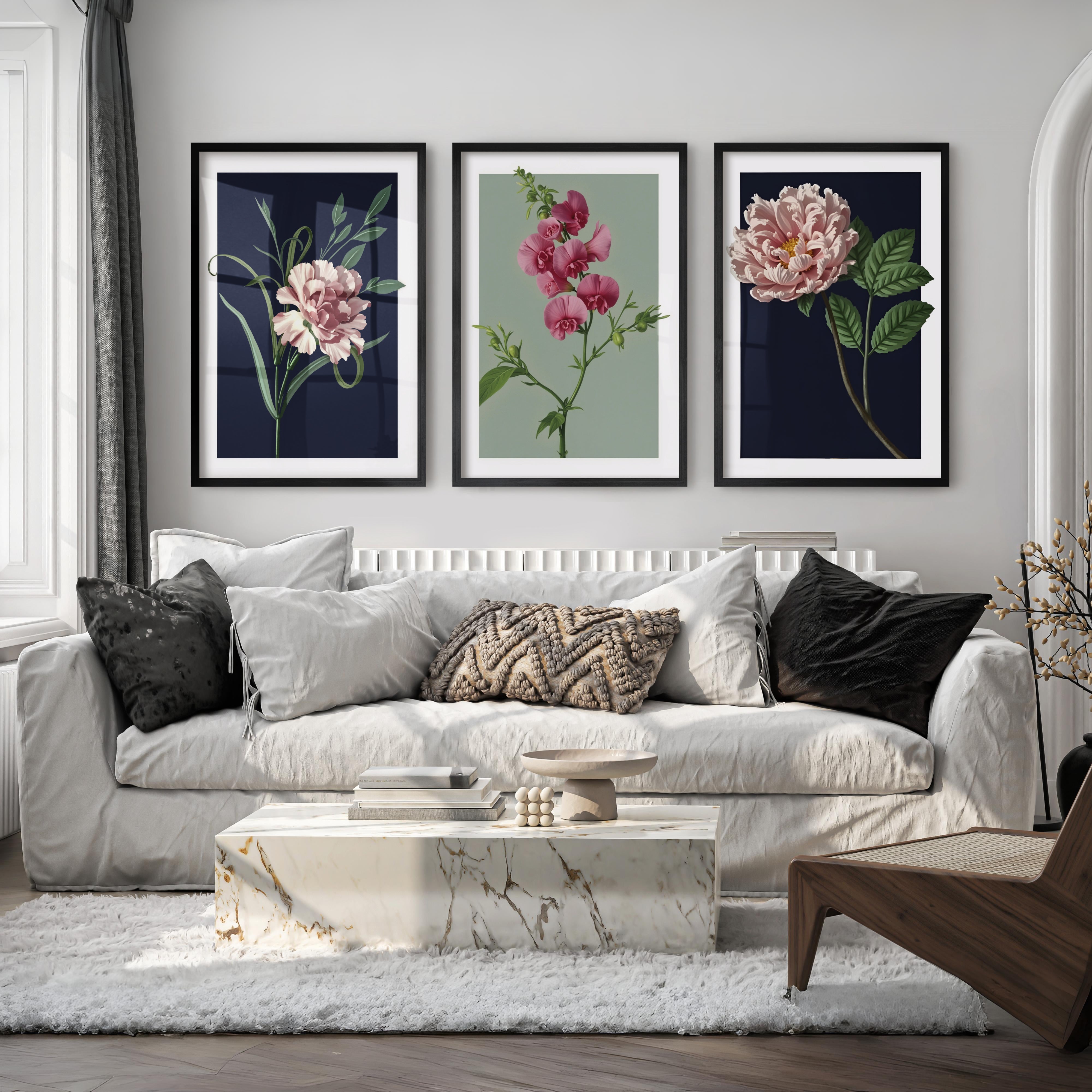 Retro Botanical Prints Pink Flower Art Set of 3 - Black Framed Poster No Border - Artworksets