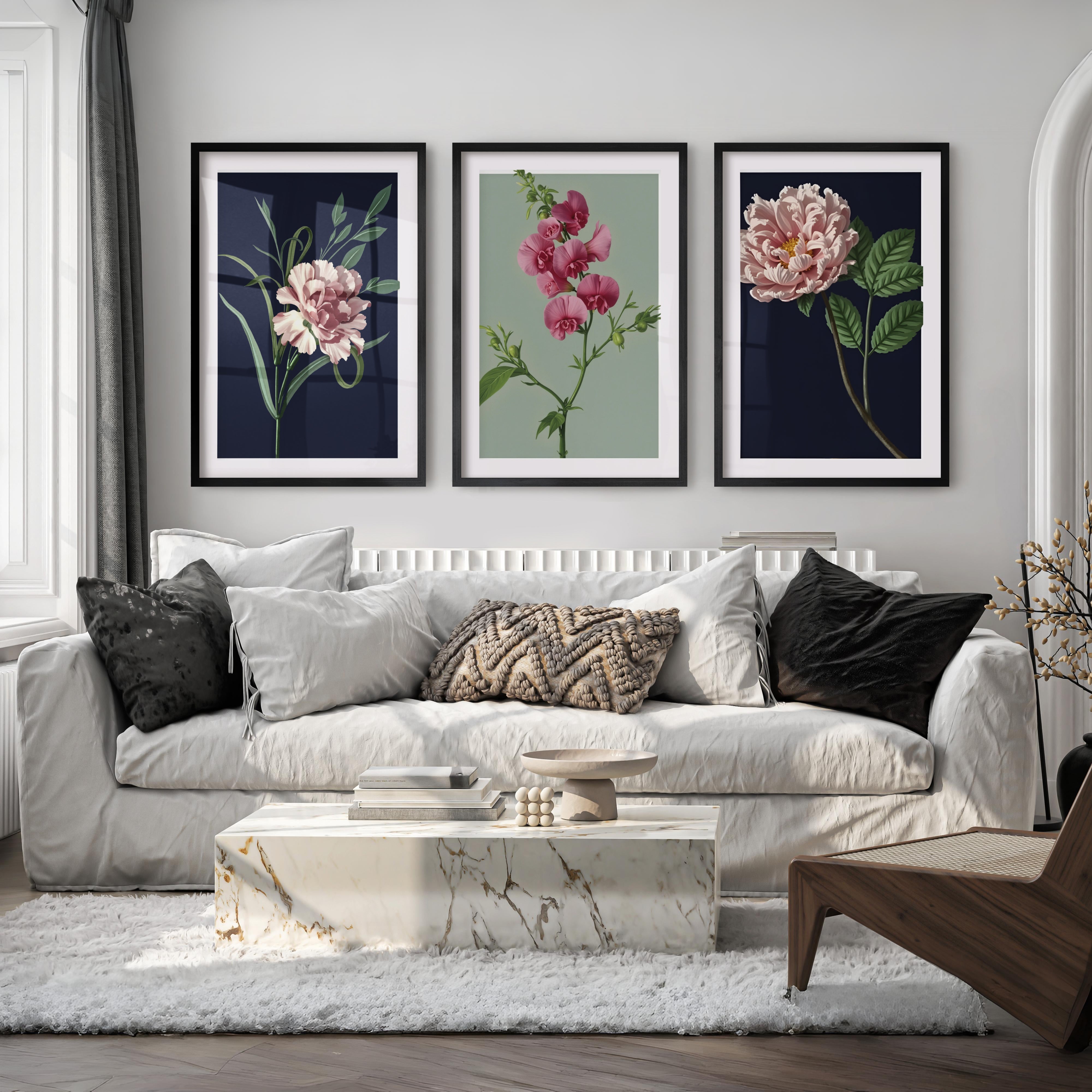 Retro Botanical Prints Pink Flower Art Set of 3 - Black Framed Poster with White Border - Artworksets