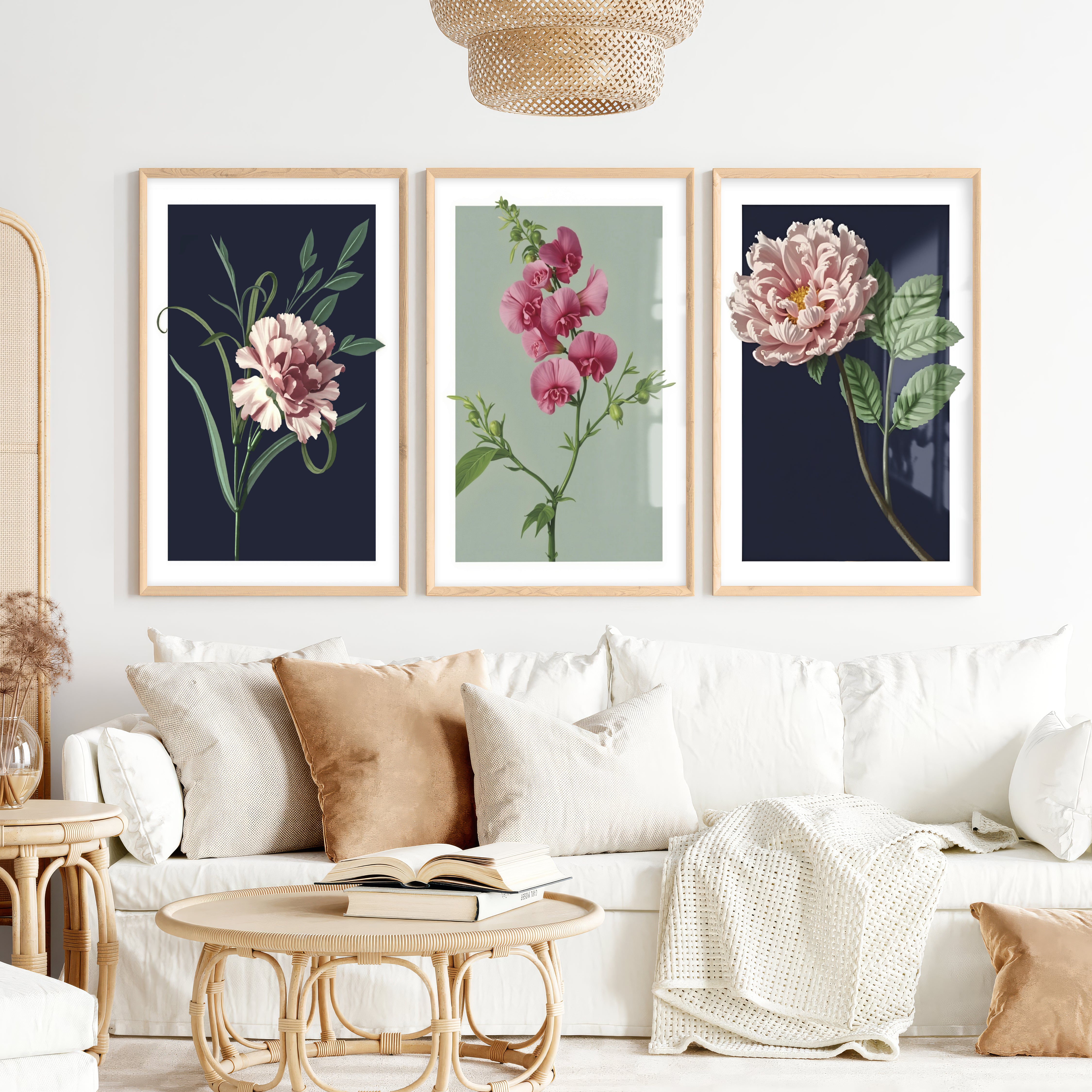 Retro Botanical Prints Pink Flower Art Set of 3 - Natural Wood Framed Poster No Border - Artworksets