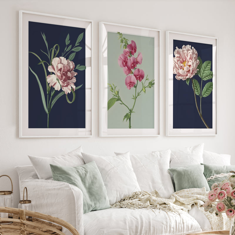 Retro Botanical Prints Pink Flower Art Set of 3 - White Framed Poster with White Border - Artworksets