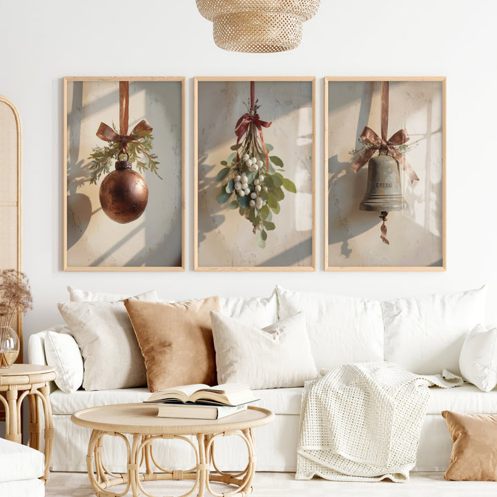 Retro Christmas Wall Art Set – Vintage Ornament & Bell Prints - Natural Wood Framed Poster No Border - Artworksets