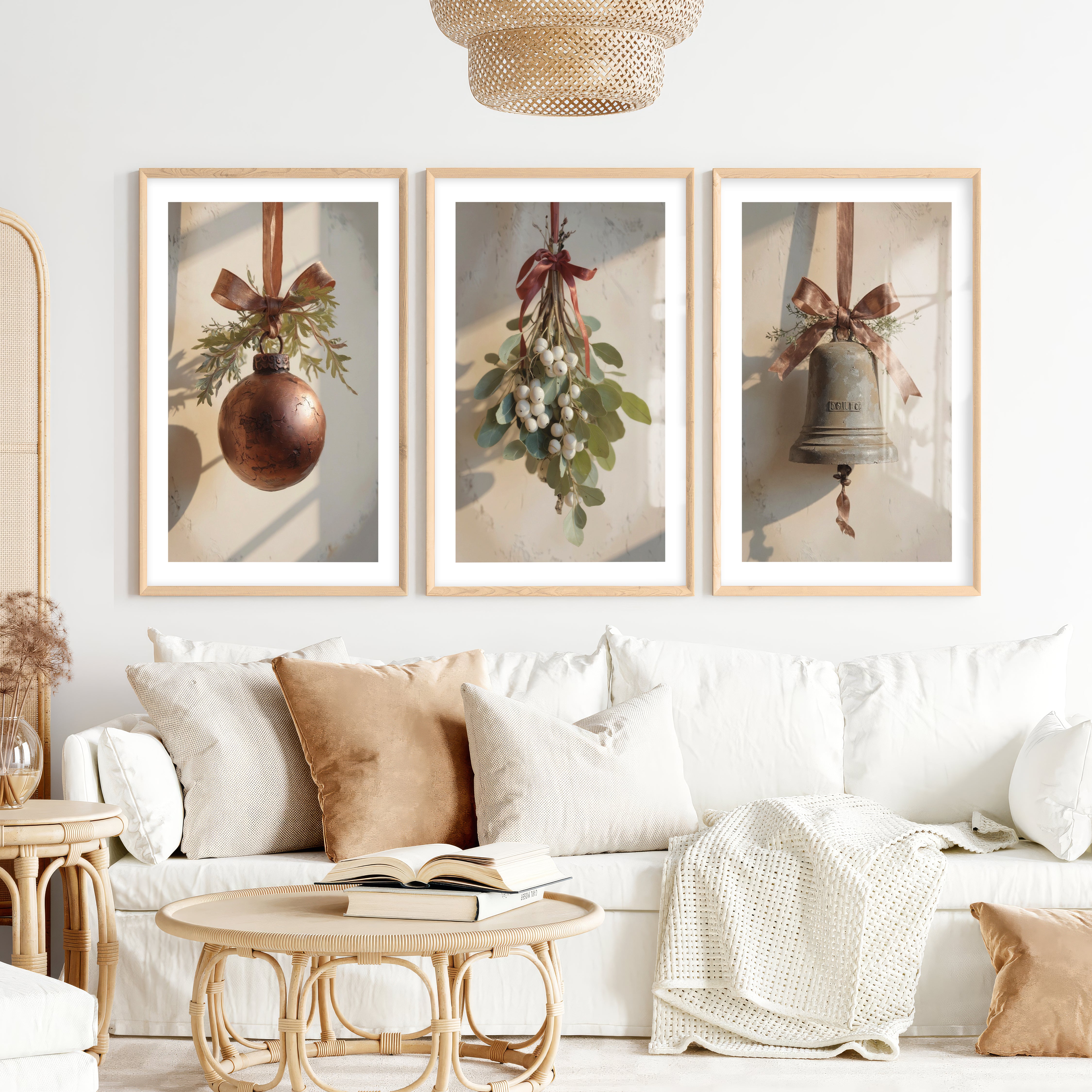Retro Christmas Wall Art Set – Vintage Ornament & Bell Prints- Natural Wood Framed Poster with White Border - Artworksets