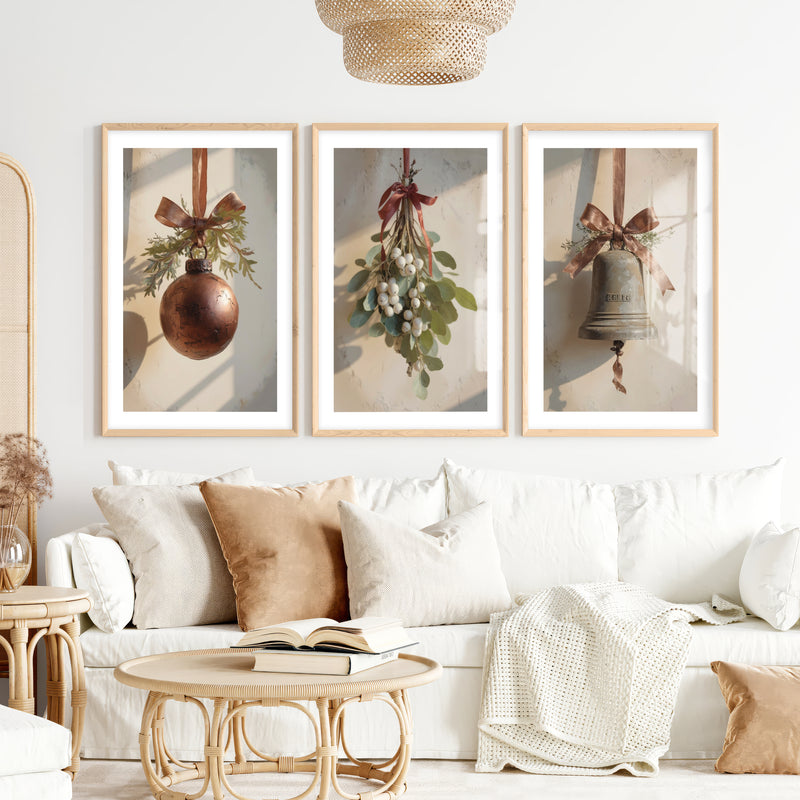 Retro Christmas Wall Art Set – Vintage Ornament & Bell Prints- Natural Wood Framed Poster with White Border - Artworksets