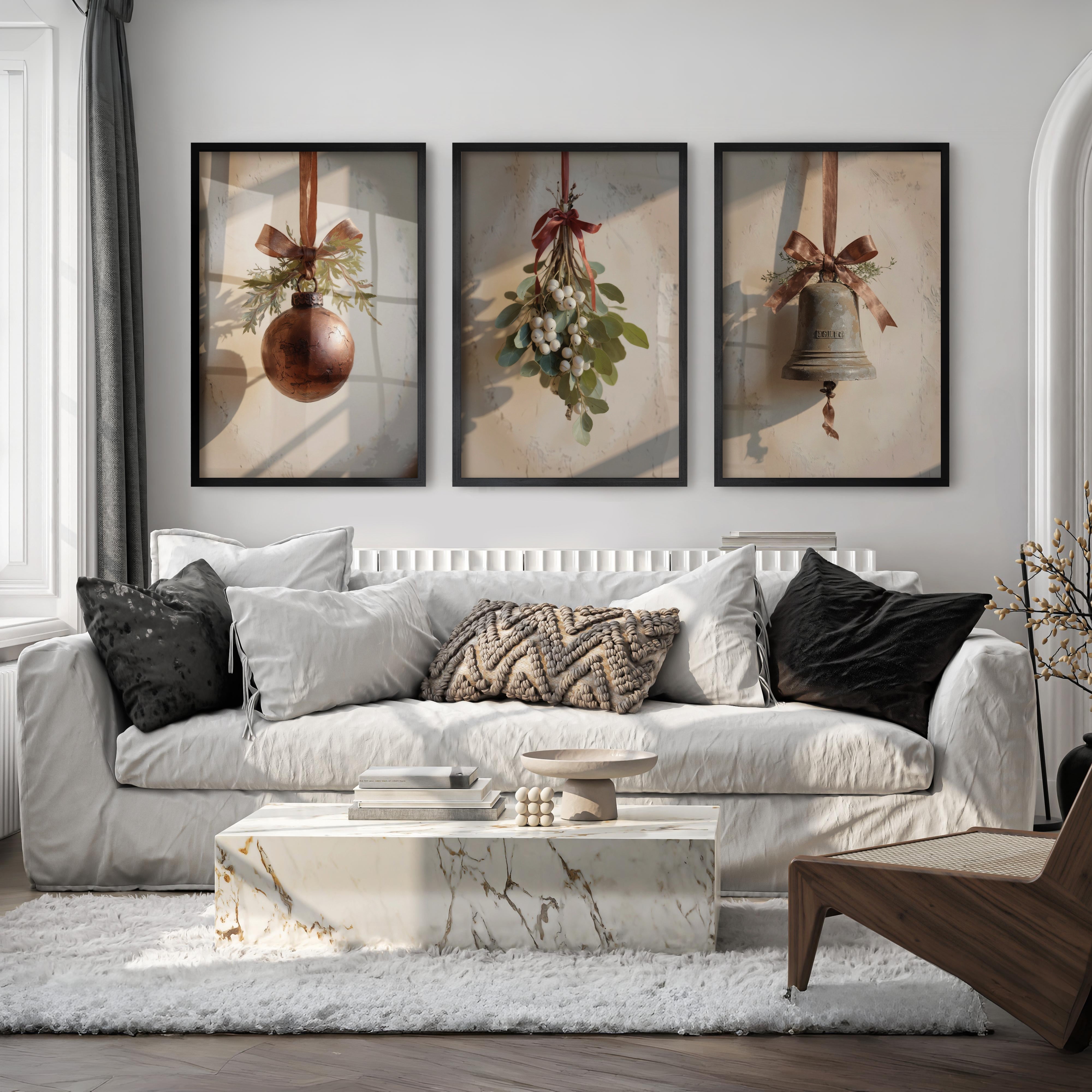 Retro Christmas Wall Art Set – Vintage Ornament & Bell Prints - Black Framed Poster No Border - Artworksets