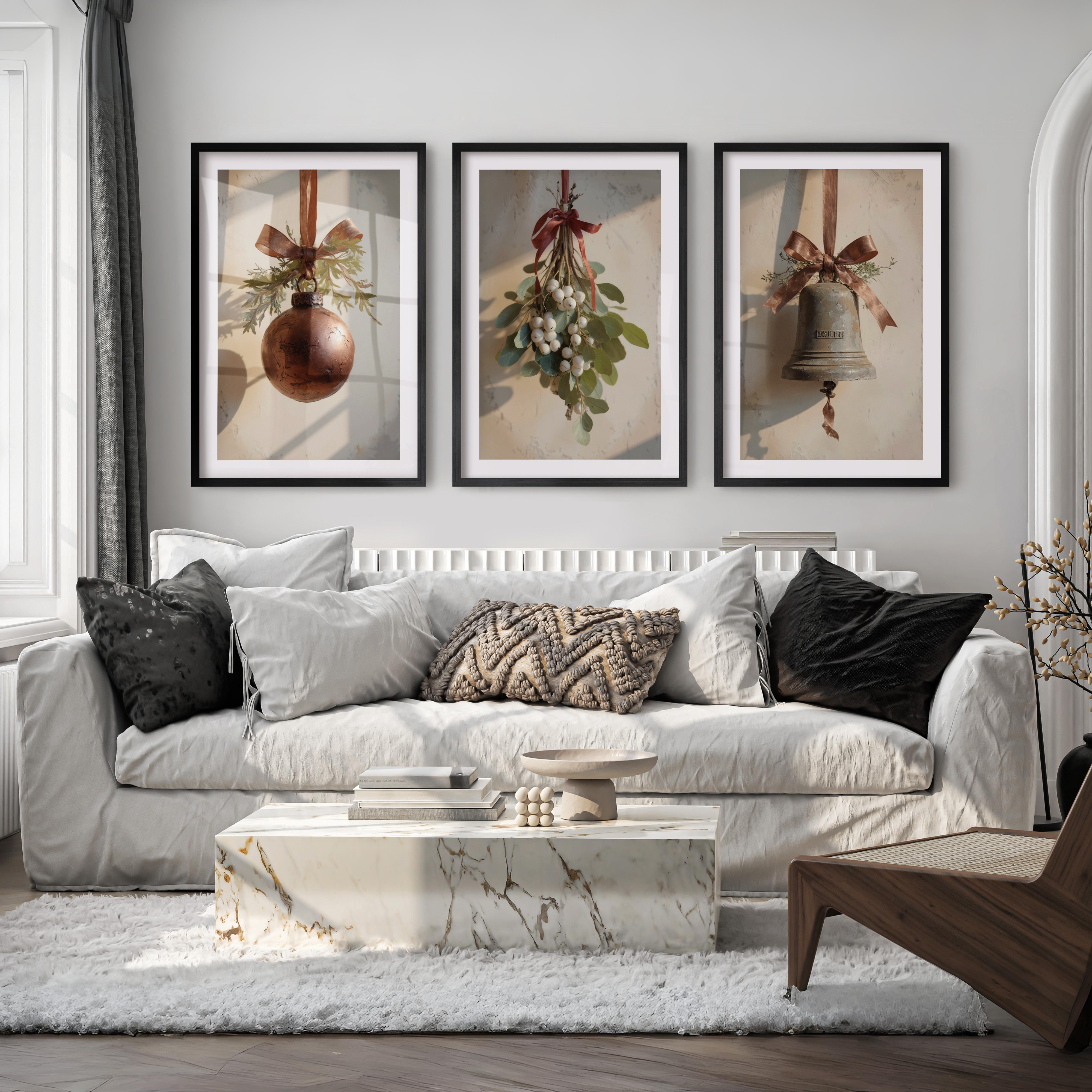 Retro Christmas Wall Art Set – Vintage Ornament & Bell Prints - Black Framed Poster with White Border - Artworksets