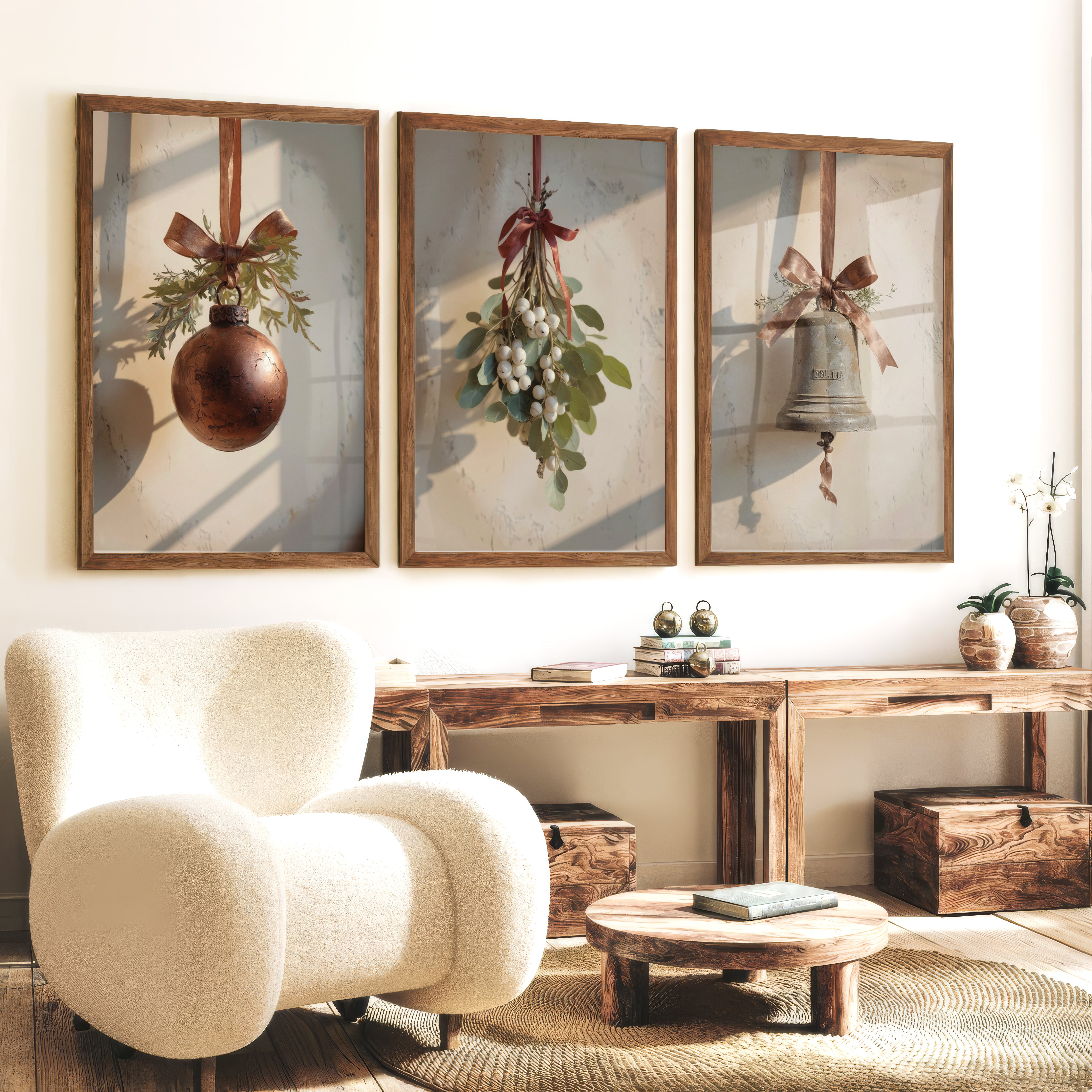 Retro Christmas Wall Art Set – Vintage Ornament & Bell Prints - Dark Brown Framed Poster No Border - Artworksets