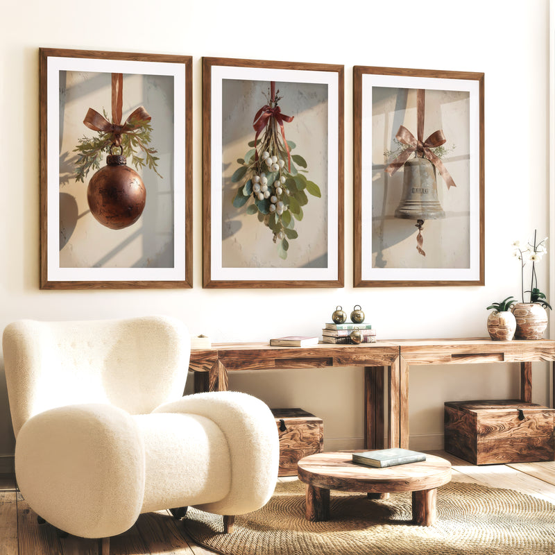 Retro Christmas Wall Art Set – Vintage Ornament & Bell Prints - Dark Brown Framed Poster with White Border - Artworksets