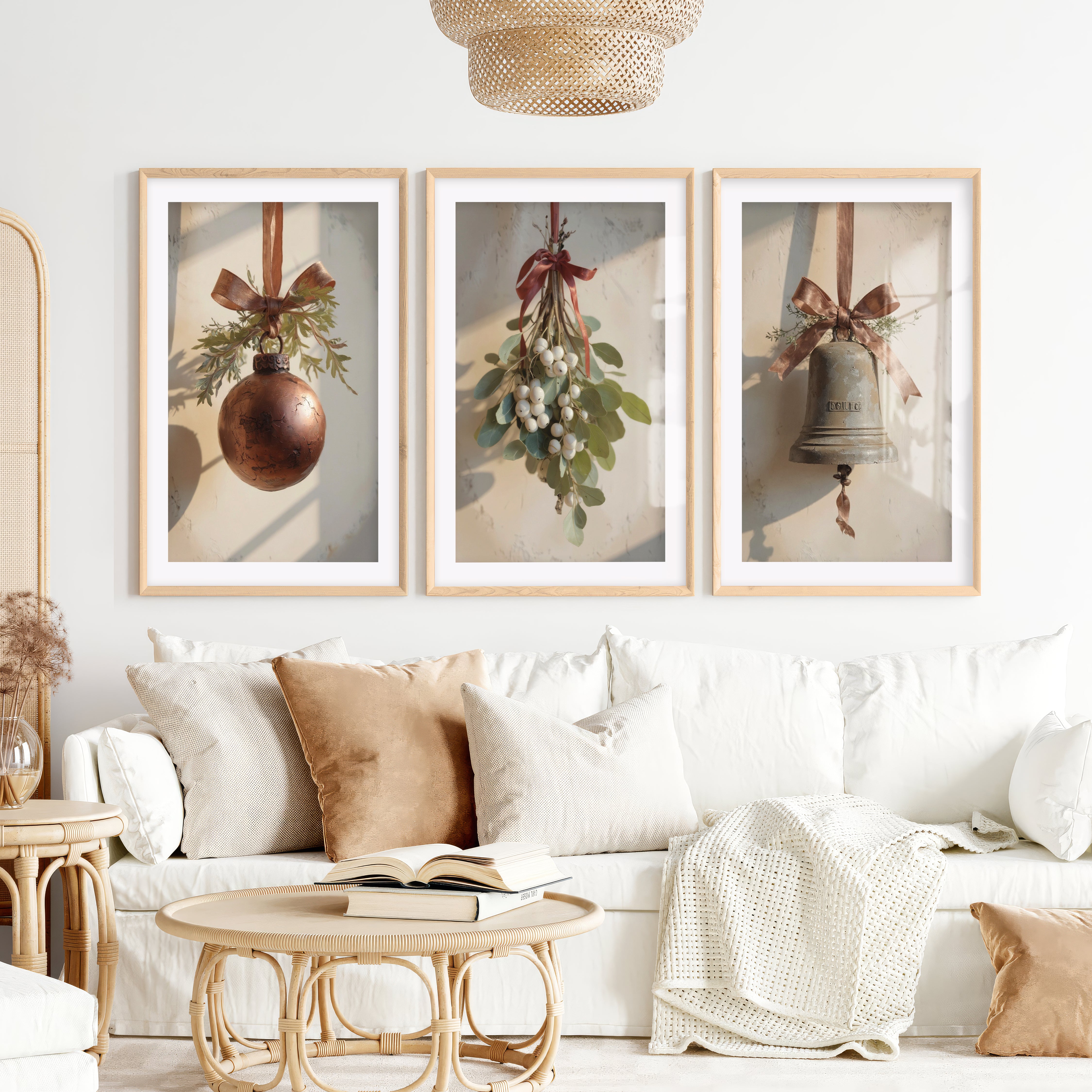 Retro Christmas Wall Art Set – Vintage Ornament & Bell Prints- Natural Wood Framed Poster with White Border - Artworksets