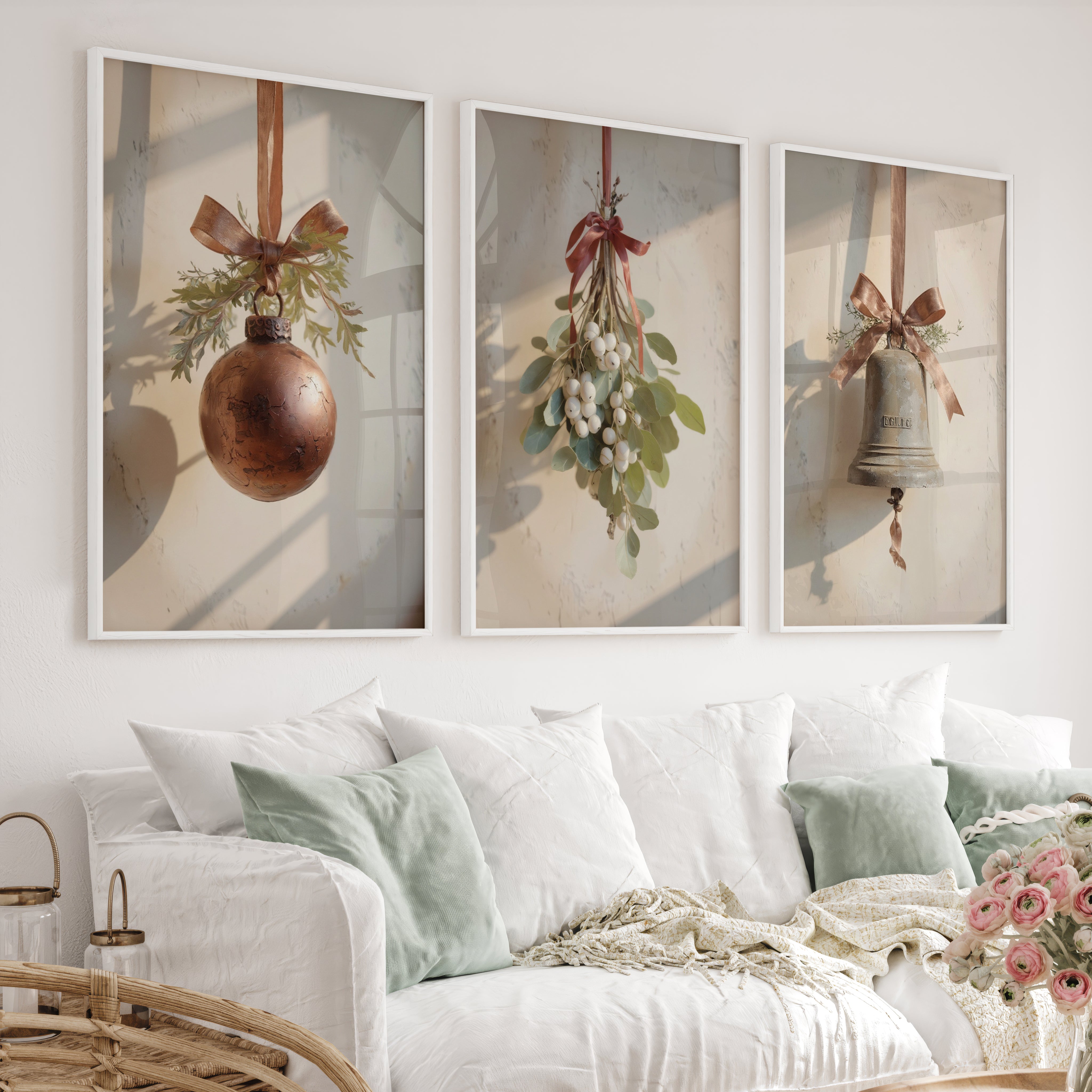Retro Christmas Wall Art Set – Vintage Ornament & Bell Prints - White Framed Poster No Border - Artworksets