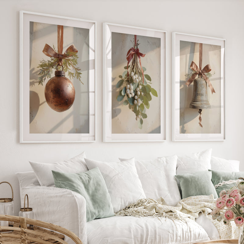 Retro Christmas Wall Art Set – Vintage Ornament & Bell Prints - White Framed Poster with White Border - Artworksets