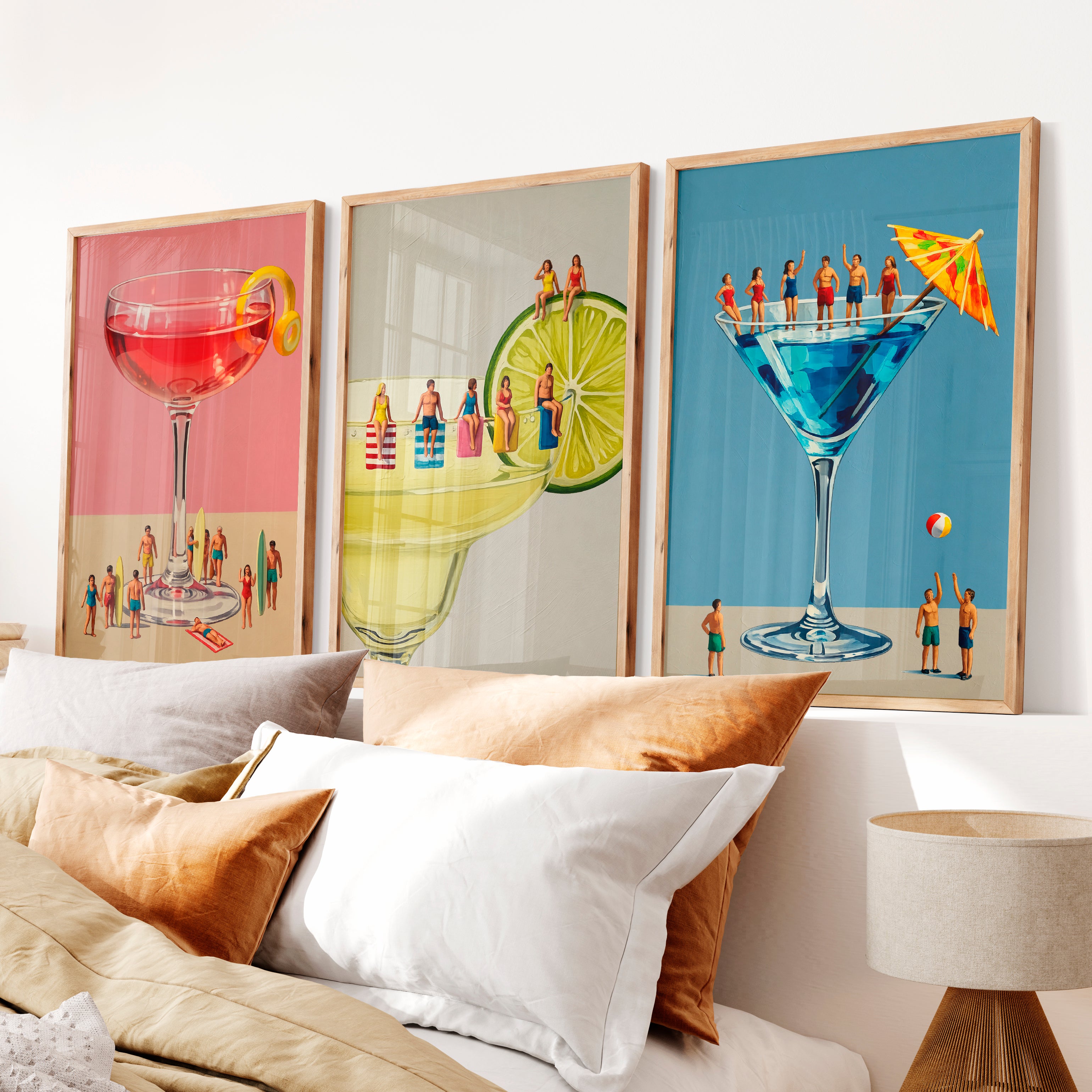 Poolside Cocktail retro framed art - Natural Wood Framed Poster No Border - Artworksets
