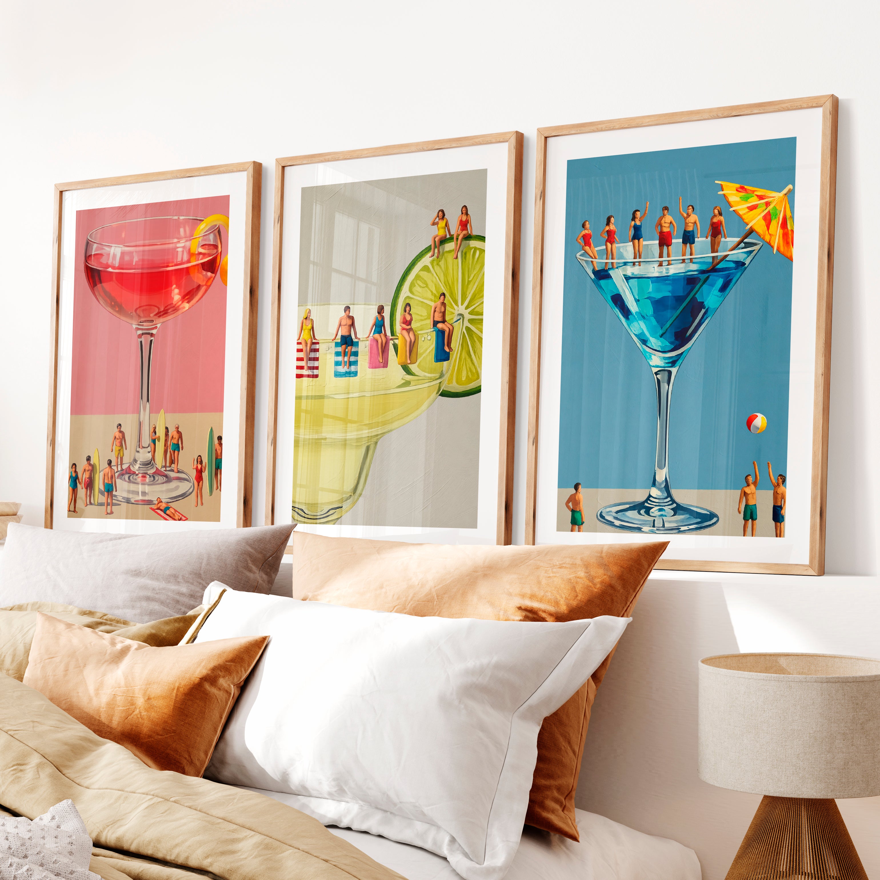 Poolside Cocktail retro framed art- Natural Wood Framed Poster with White Border - Artworksets