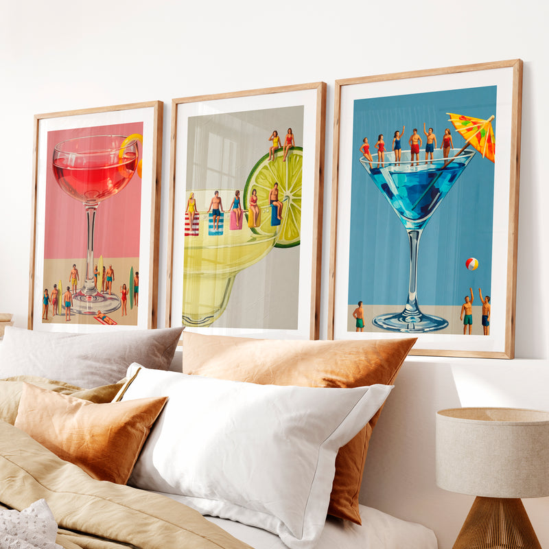 Poolside Cocktail retro framed art- Natural Wood Framed Poster with White Border - Artworksets