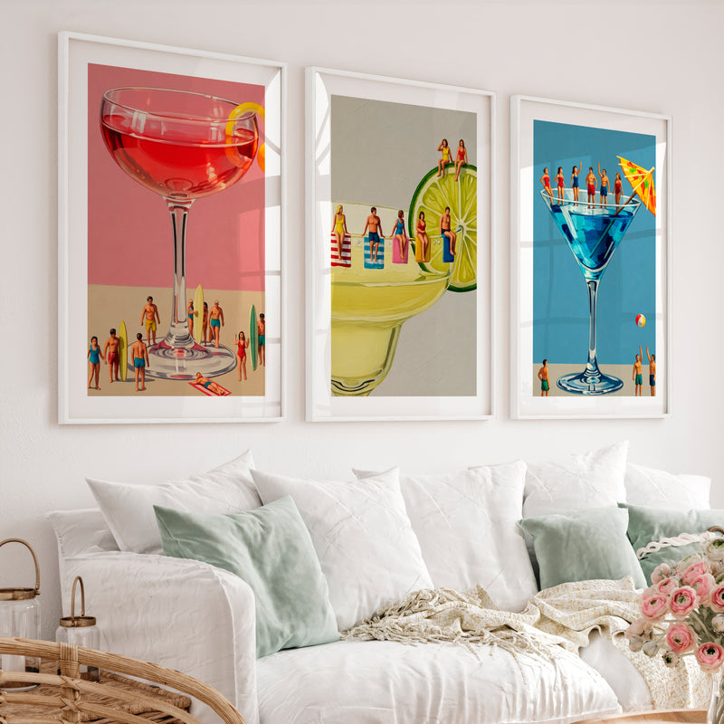 Poolside Cocktail retro framed art - White Framed Poster with White Border - Artworksets