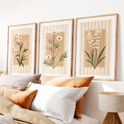 Retro Framed Pictures Featuring Botanical Cream Flowers- Natural Wood Framed Poster with White Border - Artworksets