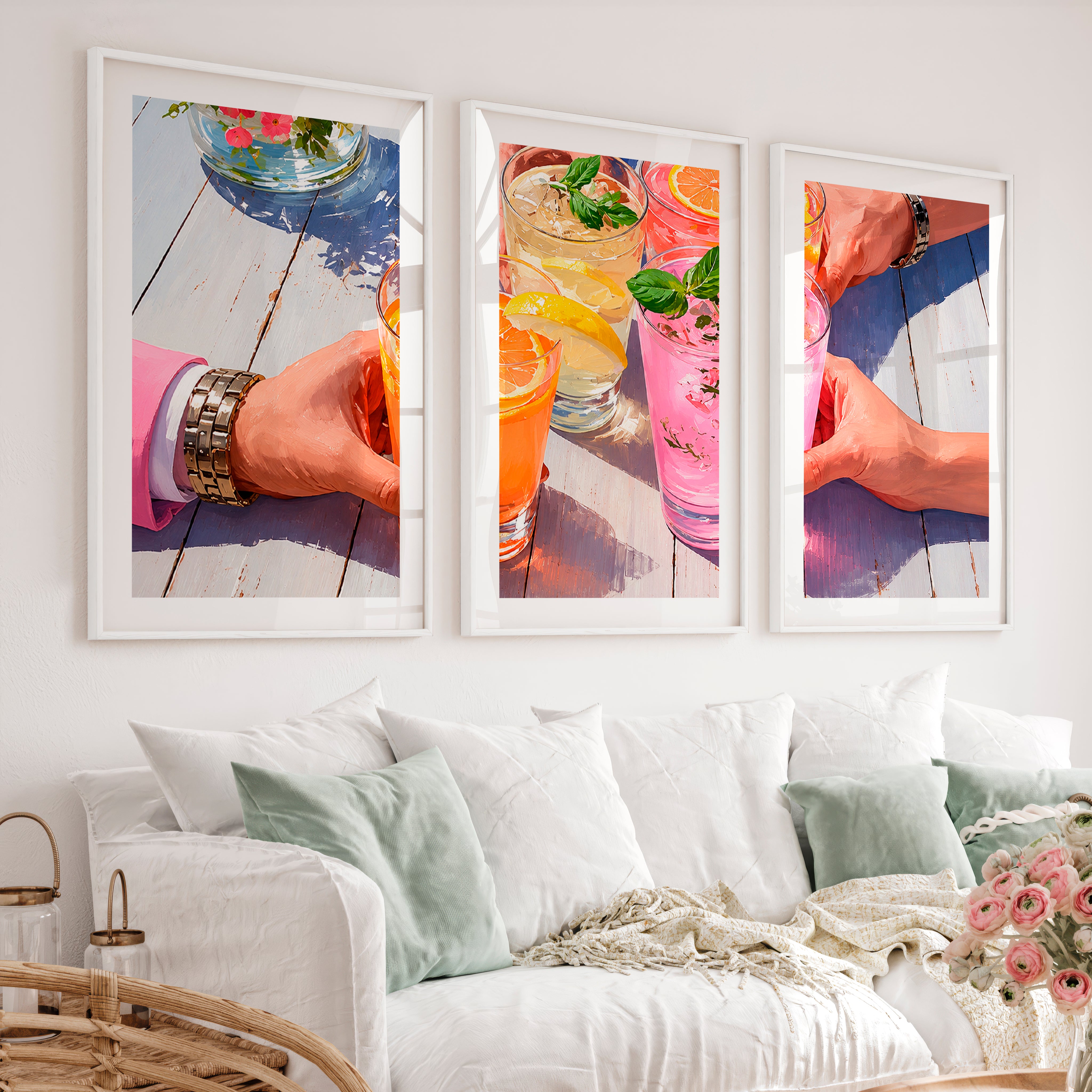Citrus Garden Drinks retro framed pictures - White Framed Poster with White Border - Artworksets