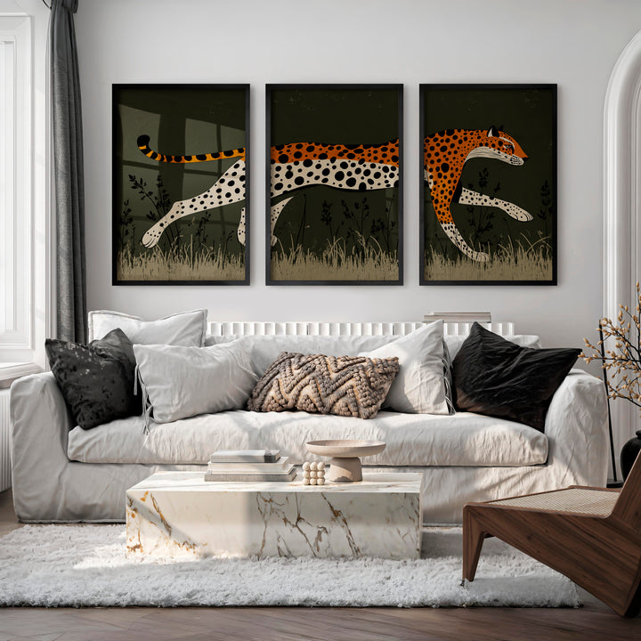 Retro Framed Pictures Featuring a Running Cheetah Triptych - Black Framed Poster No Border - Artworksets