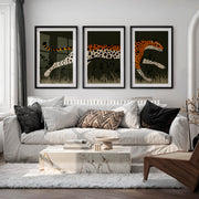 Retro Framed Pictures Featuring a Running Cheetah Triptych - Black Framed Poster with White Border - Artworksets