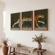 Retro Framed Pictures Featuring a Running Cheetah Triptych - Dark Brown Framed Poster No Border - Artworksets