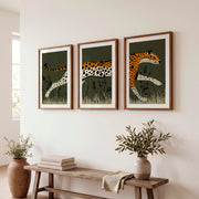 Retro Framed Pictures Featuring a Running Cheetah Triptych - Dark Brown Framed Poster with White Border - Artworksets