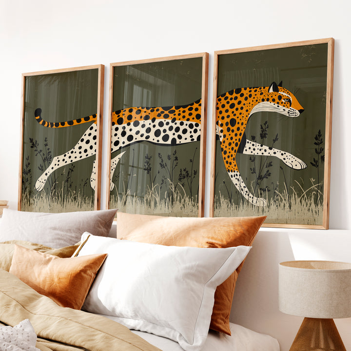 Retro Framed Pictures Featuring a Running Cheetah Triptych - Natural Wood Framed Poster No Border - Artworksets
