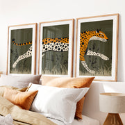 Retro Framed Pictures Featuring a Running Cheetah Triptych- Natural Wood Framed Poster with White Border - Artworksets