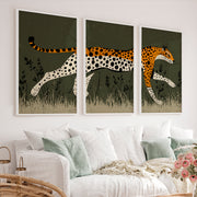 Retro Framed Pictures Featuring a Running Cheetah Triptych - White Framed Poster No Border - Artworksets
