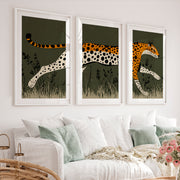 Retro Framed Pictures Featuring a Running Cheetah Triptych - White Framed Poster with White Border - Artworksets