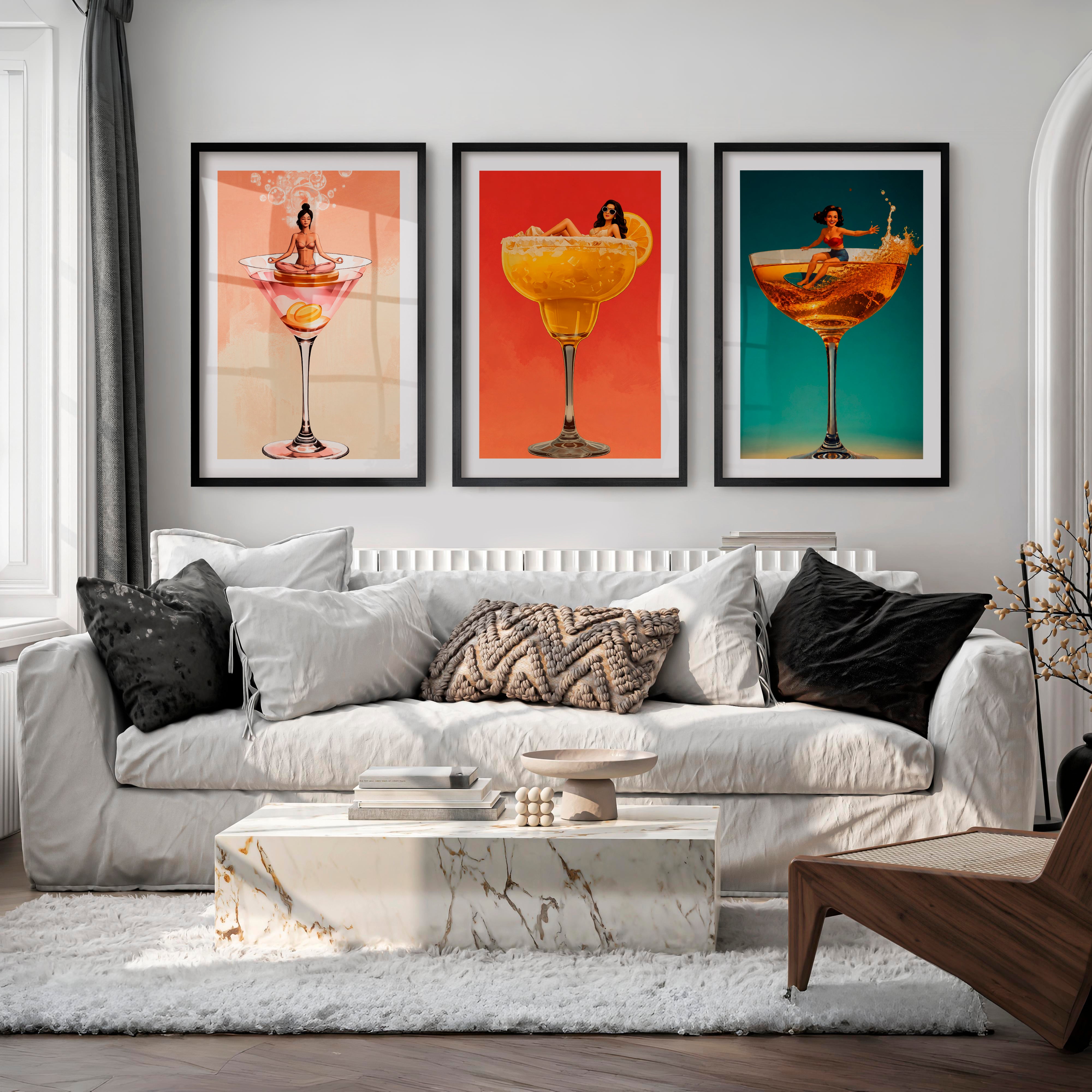Pinup Cocktail Glass retro framed prints - Black Framed Poster with White Border - Artworksets