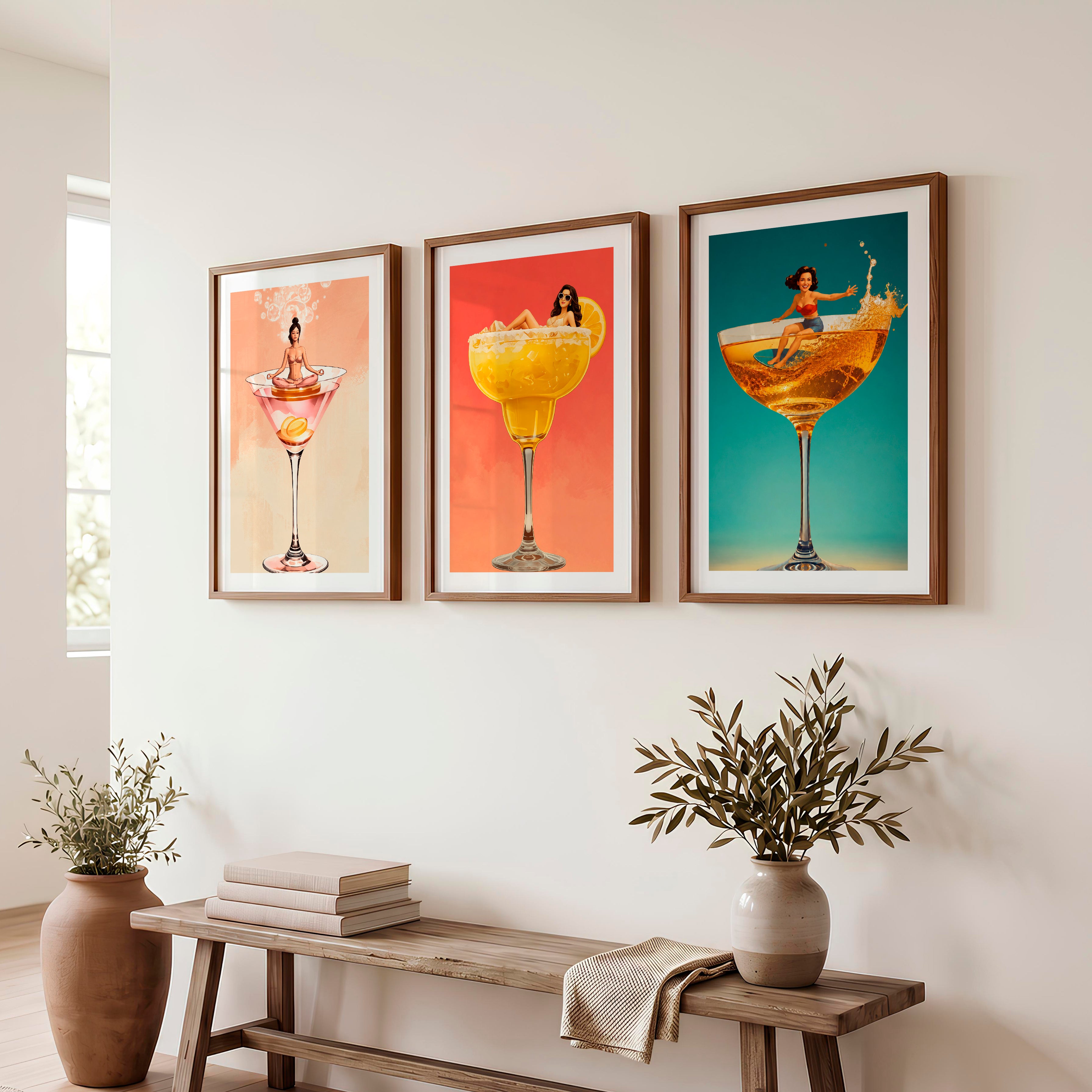 Pinup Cocktail Glass retro framed prints - Dark Brown Framed Poster with White Border - Artworksets