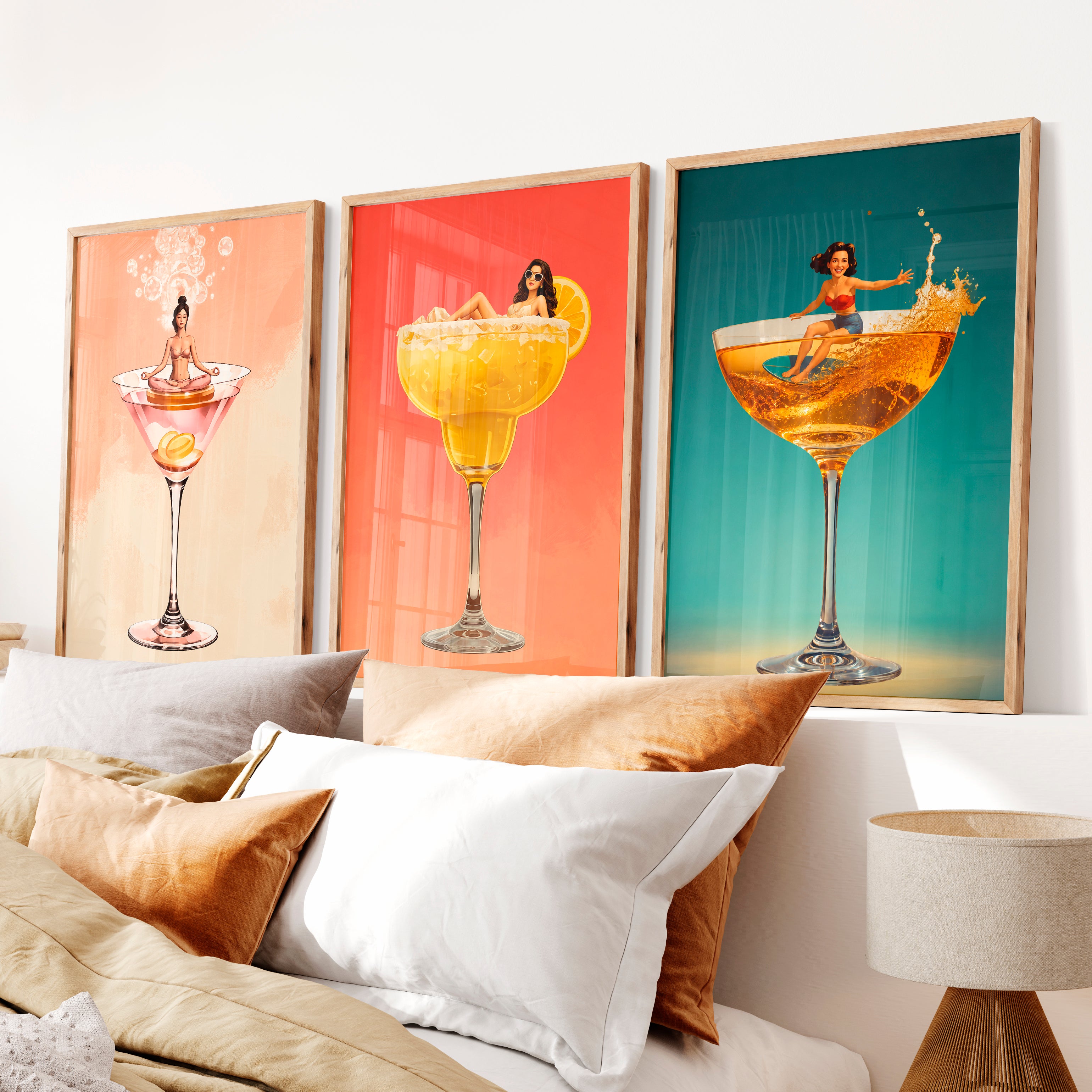 Pinup Cocktail Glass retro framed prints - Natural Wood Framed Poster No Border - Artworksets