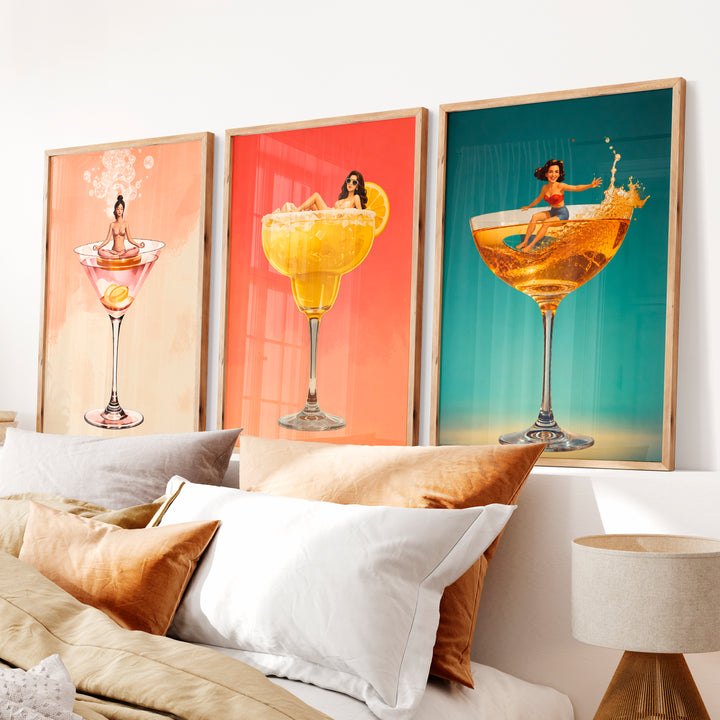 Pinup Cocktail Glass retro framed prints - Natural Wood Framed Poster No Border - Artworksets