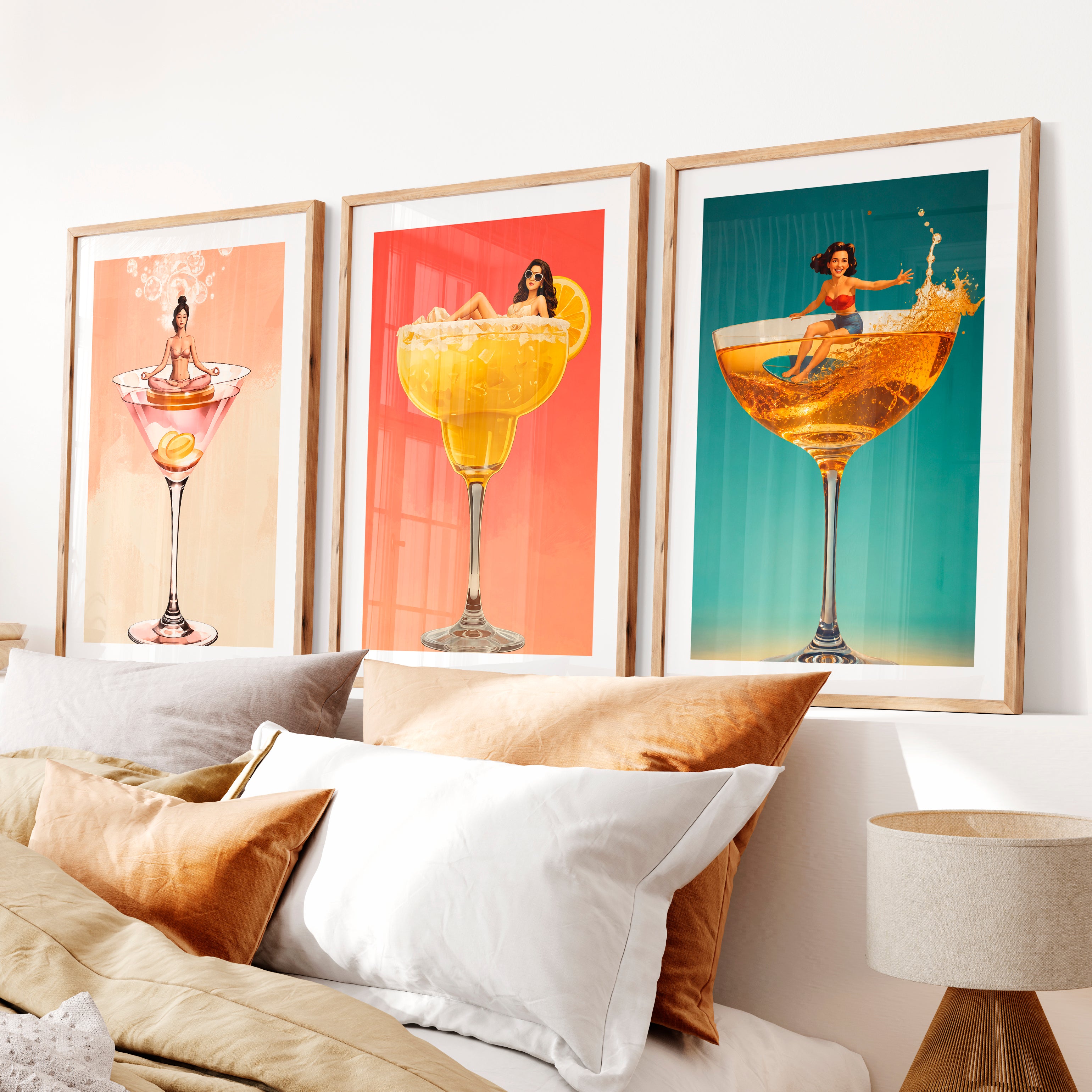 Pinup Cocktail Glass retro framed prints- Natural Wood Framed Poster with White Border - Artworksets