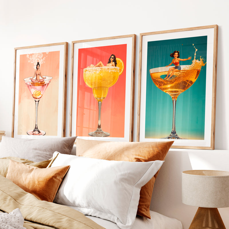 Pinup Cocktail Glass retro framed prints- Natural Wood Framed Poster with White Border - Artworksets