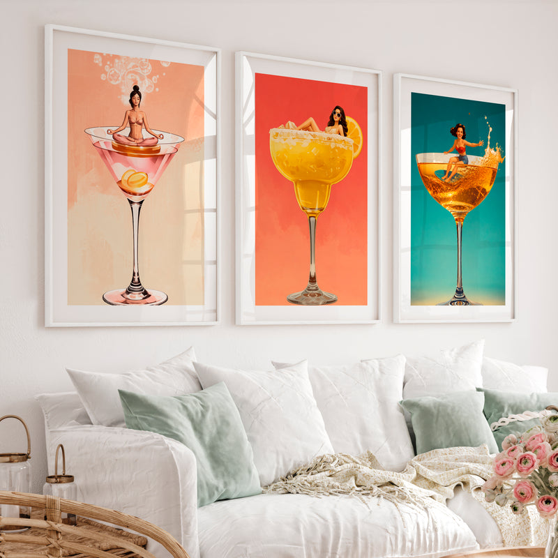 Pinup Cocktail Glass retro framed prints - White Framed Poster with White Border - Artworksets